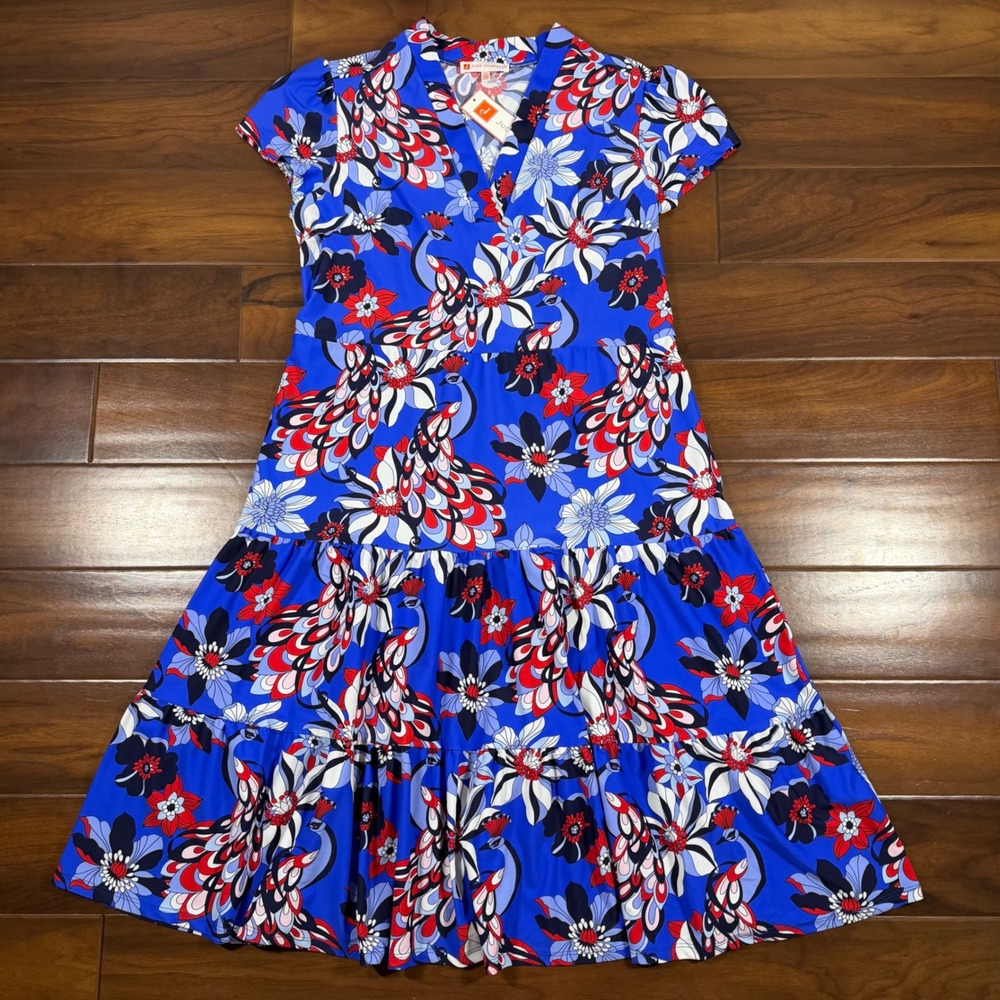 Jude Connally Women's Size Large Cobalt Blue Twirling Peacock Libby Midi Dress